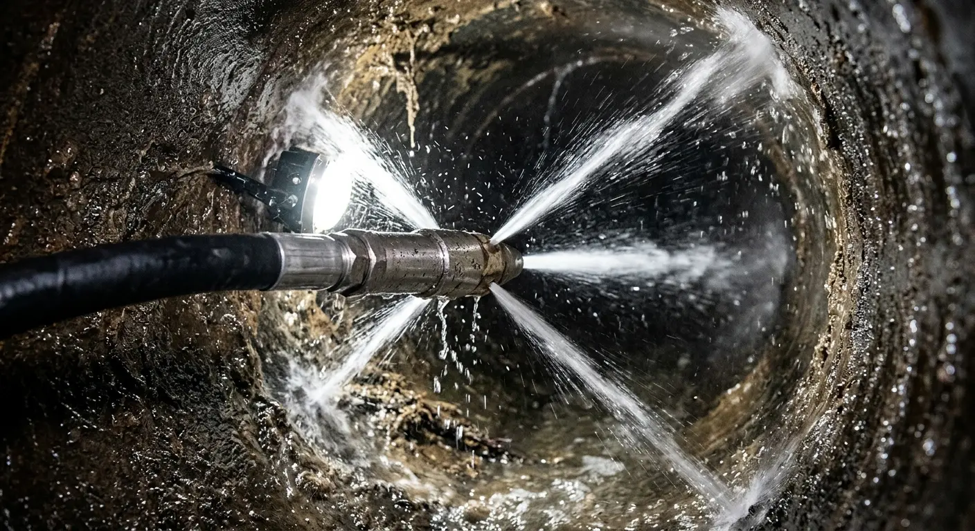 High-pressure hydro jetting nozzle cleaning sewer pipe for Trenchless Sewer Repair in Charleston